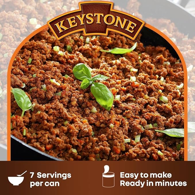 Keystone Meats All Natural Ground Beef 14 Oz Fully Cooked Canned Meat | Heat & Serve | 5-Year Shelf