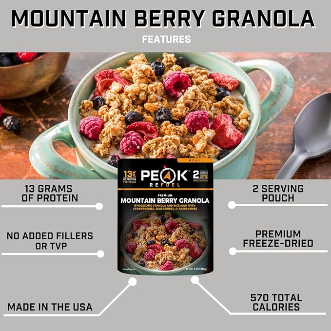 Peak Refuel Mountain Berry Granola 2-Pack | Freeze Dried Backpacking, Camping & Emergency Prep Food