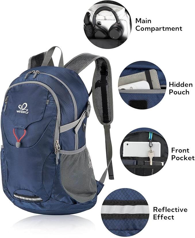 WATERFLY Lightweight Packable Hiking Backpack: 30L Foldable Travel Daypack Ultralight Camping Day