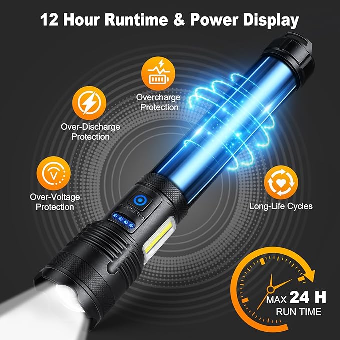 Rechargeable Flashlights 90000 High Lumen, 10000 ɱAh ?ATTERY LED Flashlight with Cob-Light for