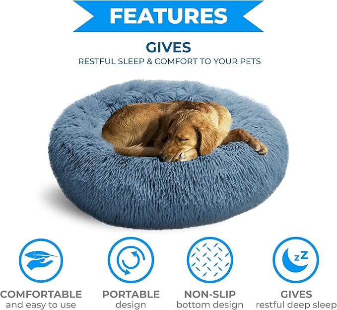 Whiskers & Friends Dog Bed, Round Fluffy Dog Beds for Small Dogs Washable, Calming Donut Pet Bed