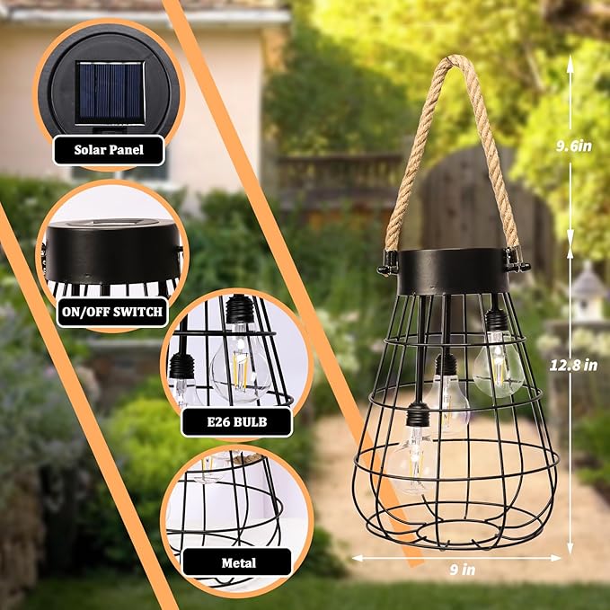 Solar Hanging Lantern with Rope, Vintage Industrial Pendant Light, 12.8" Solar Powered Outdoor