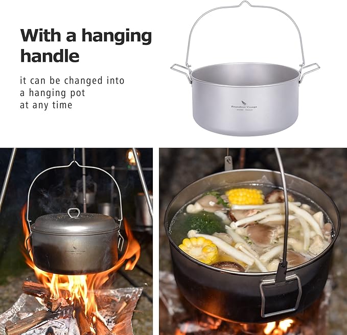 Boundless Voyage Titanium 4.5L Hanging Pot with Steaming Rack Folding Handle Outdoor Camping