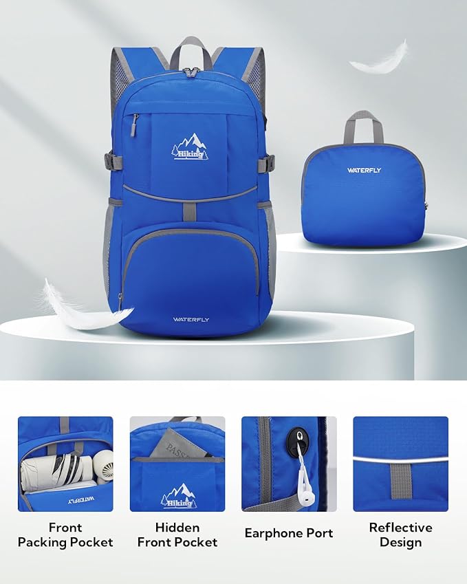 WATERFLY Hiking Foldable Daypack Backpack: 25L Ultra Lightweight Waterproof Day Pack for Woman Man