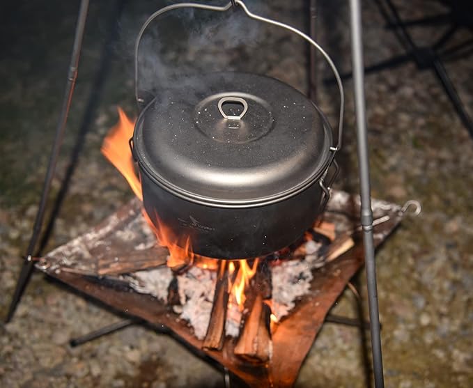 Boundless Voyage Titanium 4.5L Hanging Pot with Steaming Rack Folding Handle Outdoor Camping
