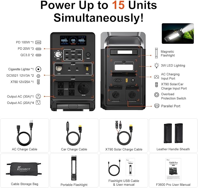 FOSSiBOT 3600 PRO Portable Power Station, 3 x 230 V AC Output 3600 W/3840Wh LiFePO4 Battery