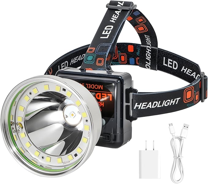 Rechargeable LED Headlamp with Flood and Spot Beam, Power Display, 4 Lighting Modes, Ultra Bright