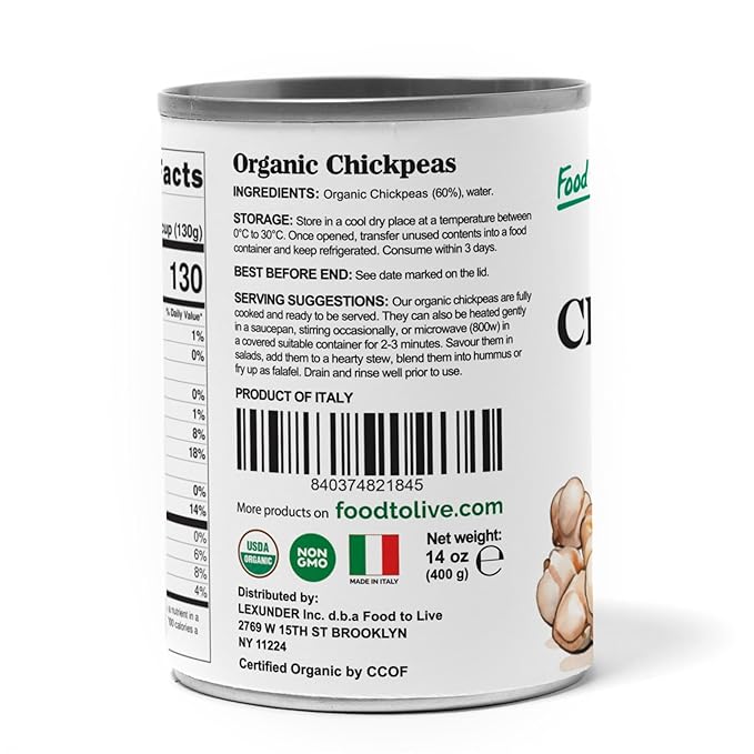 Food to Live Organic Canned Chickpeas, 14 oz (Pack of 4) - Unsalted Non-GMO Garbanzo Beans. Vegan.