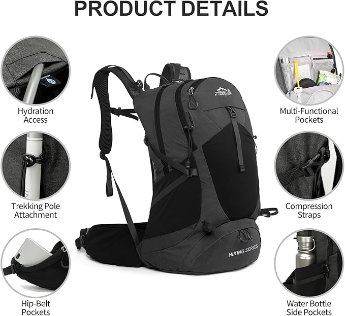 Hiking Backpack, Waterproof Hiking Daypack with 3L Water Bladder and Rain Cover, Lightweight Travel