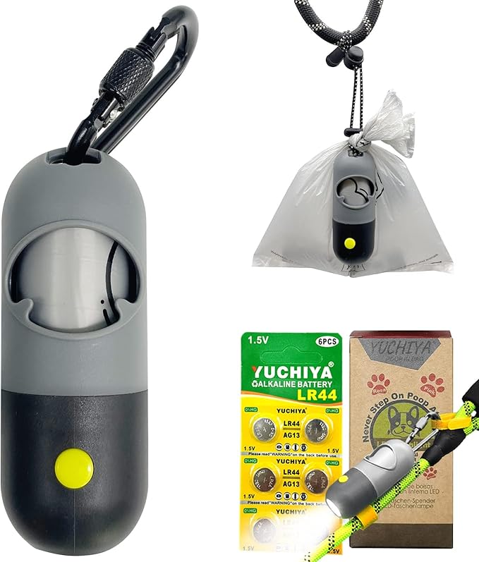 Dog Poop Bags Holder with LED Flashlight|Pet Waste Bags Dispenser for Leash|Doggie Potty Bags