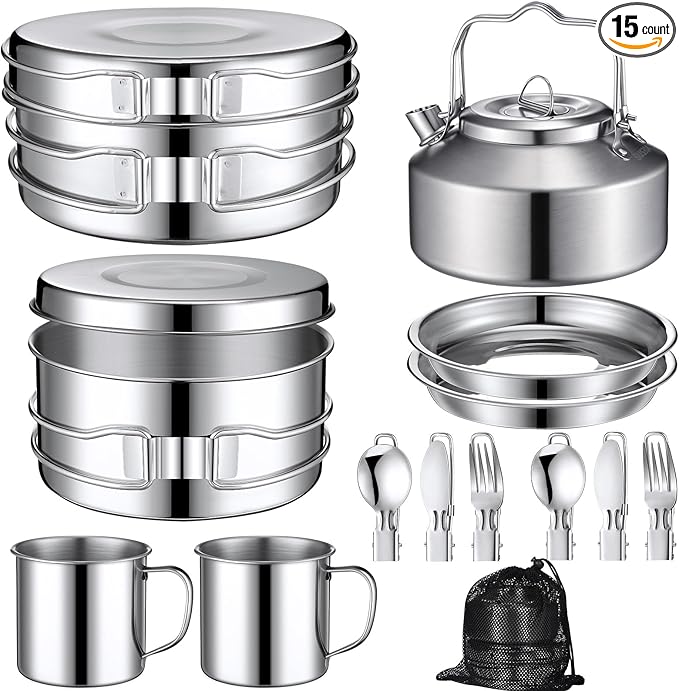 15 Pcs Camping Cookware Mess Kit Outdoor Cooking Set Stainless Steel with Pot and Pan Kit 2 Set