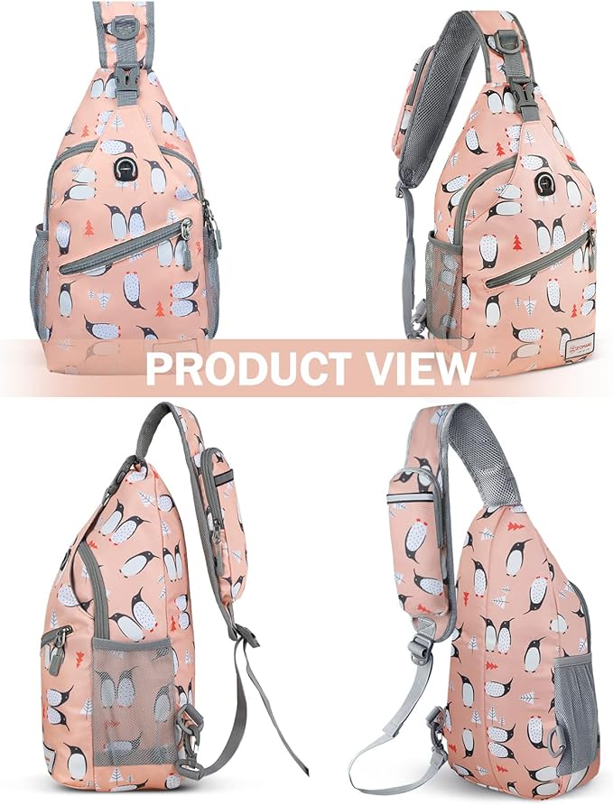 ZOMAKE Sling Bag, Penguin Pink, Nylon, 5 Separate Compartments, 10" iPad Compartment, Anti-Theft