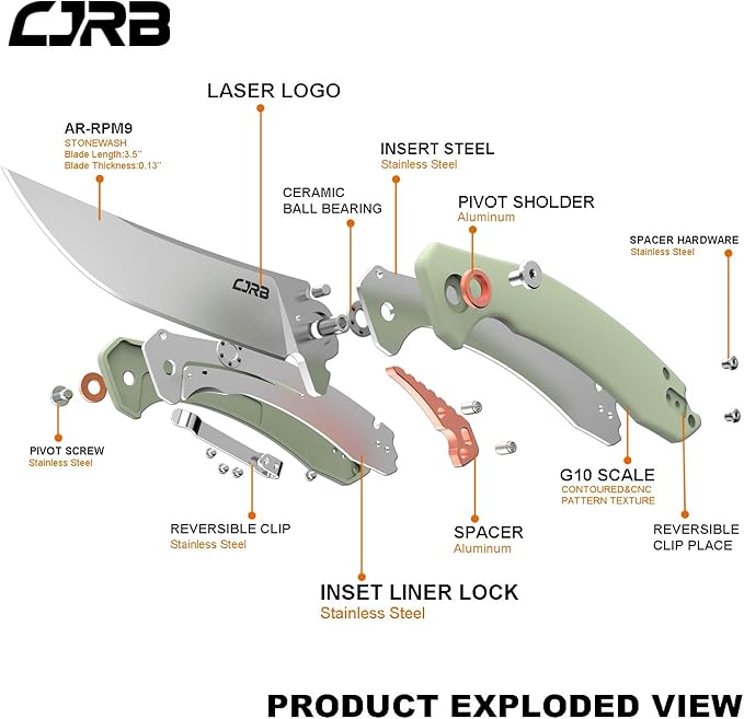 CJRB Small Folding Pocket Knife with Stonewash AR-RPM9 Powder Steel Blade and G10 Handle Tactical