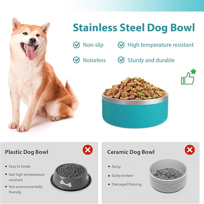 Stainless Steel Dog Bowl - Metal Water and Food Dish for Large Dogs, Insulated, Non-Slip, Easy