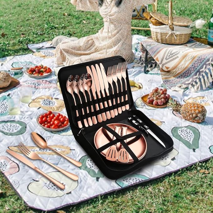 Picnic Tableware Set Camping Flatware Copper/Rose Gold Silverware and Plates Kit for 4 Portable