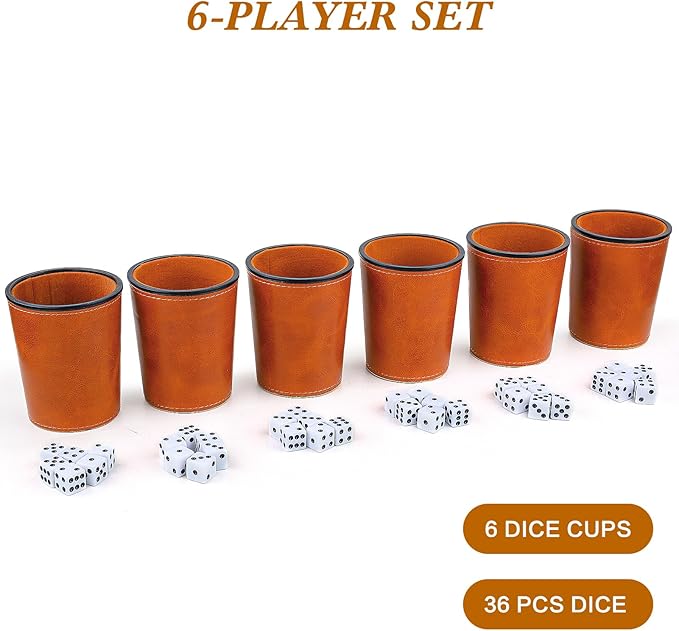 Felt-Lined PU Leather Dice Cup Set, 6 Quiet Dice Shaker Cups with 36 Dices for Bar Party Yahtzee