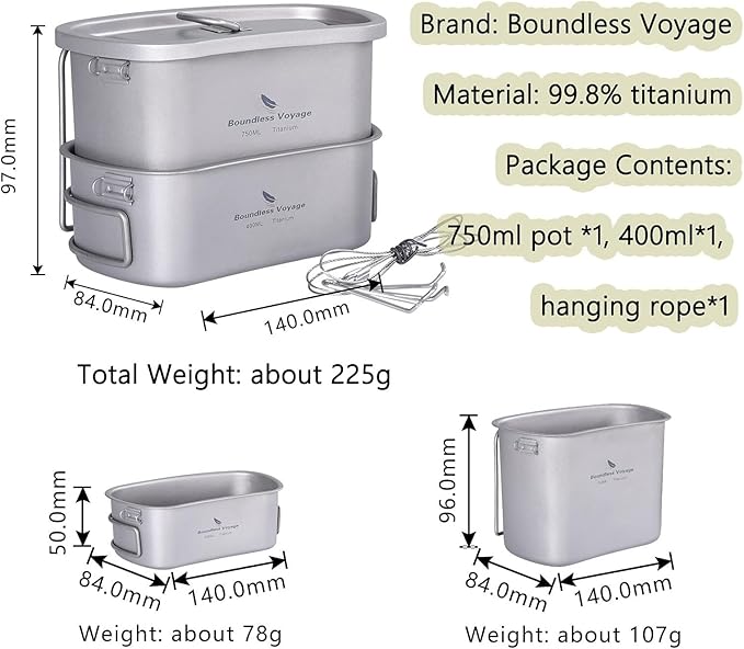 iBasingo Titanium Canteen Mess Kit with Folding Handle Hanging Ring Ultralight Portable for Lunch