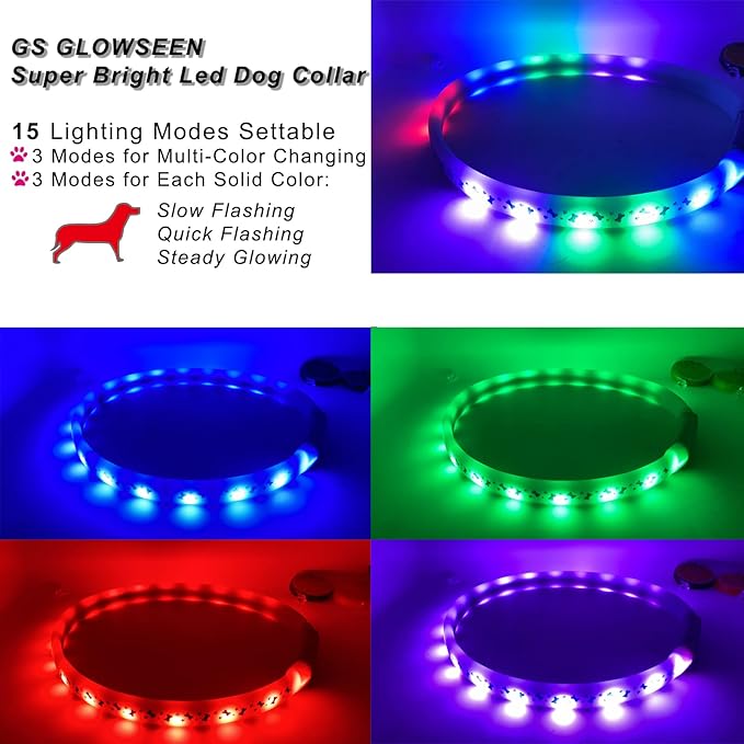 LED Dog Collar - Color Changeable Light Up Dog Collars USB Rechargeable,15 Light Effects Glow in