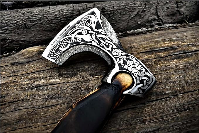 Custom Gift Forged Carbon Steel Viking Axe with Rose Wood Shaft, Viking Bearded Camping Axe &