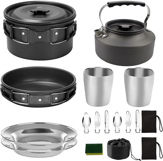 Peidesi 15pcs Camping Cookware Mess Kit,Portable Non-Stick Aluminum Alloy Cookware,Kettle Pot