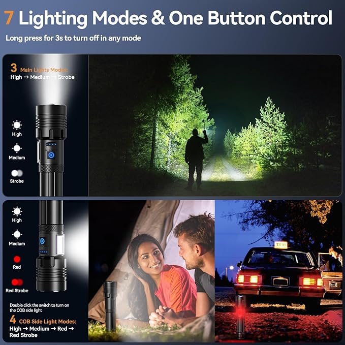 Flashlight Rechargeable 2000 High Lumens IPX6 Waterproof Super Bright Flashlight with 7 Modes & COB