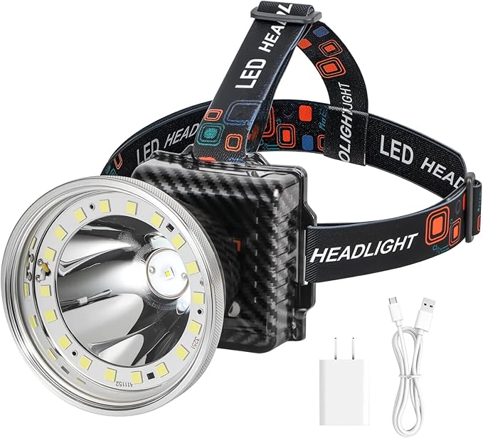 Rechargeable LED Headlamp with Flood and Spot Beam, Power Display, 5 Lighting Modes, Ultra Bright