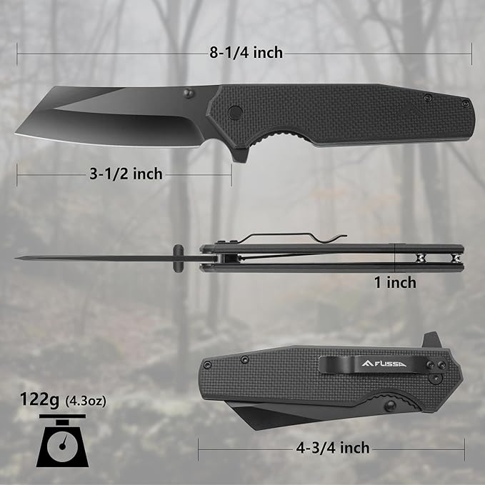 FLISSA Folding Knife, 4-3/4" Reverse Tanto Folding Pocket Knife, Black Stonewash Blade, G10 Handle