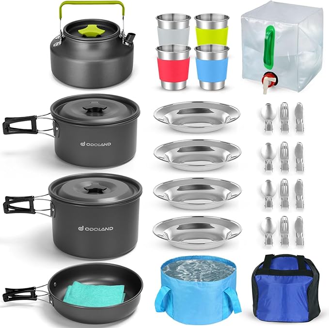 Odoland 29pcs Camping Cookware Mess Kit, Non-Stick Lightweight Pots Pan Kettle, Collapsible Water