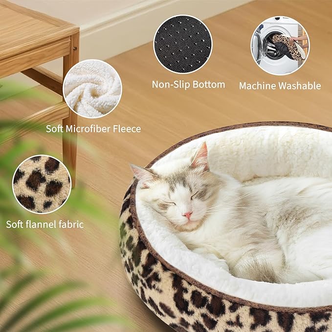 20in Leopard Round Cat Dog Bed Gift for Large Medium Small Dogs Cats, Machine Washable Sleeping