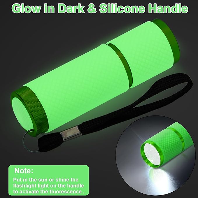 AHIER 9 LED Glow in Dark Flashlights, Rubber Coated Small Flashlights with Straps, Portable Handy