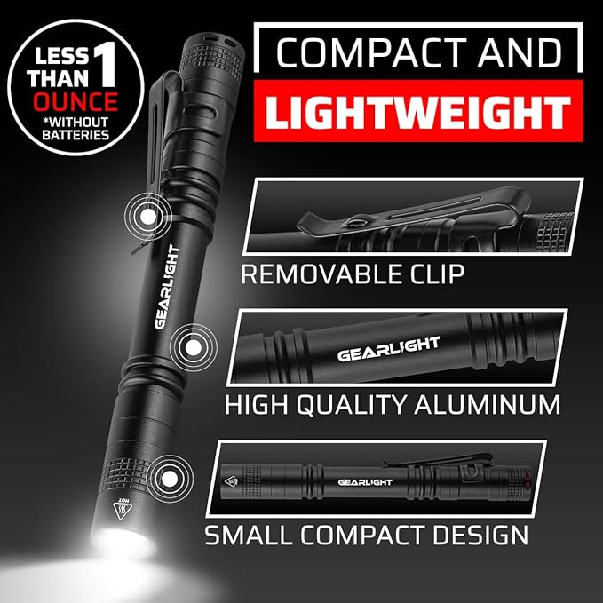 GearLight S100 LED Pocket Pen Light- 2 Small, Compact Flashlights with Clip for Tight Spaces