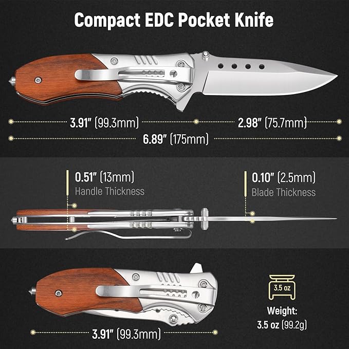 Pocket Knife for Men - 2.98" Sharp Blade Wood Handle Pocket Folding Knives with Clip, Glass Breaker