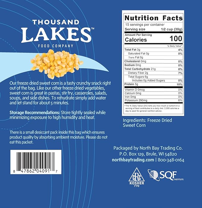 Thousand Lakes Freeze Dried Vegetables - Sweet Corn - Bulk 1 Pound (16 Ounces) | 100% Whole Sweet