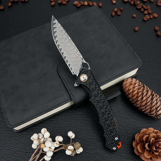Damascus Pocket Knife for Men Women, 3.35" VG10 Core Damascus Steel Blade Folding Knives with Black