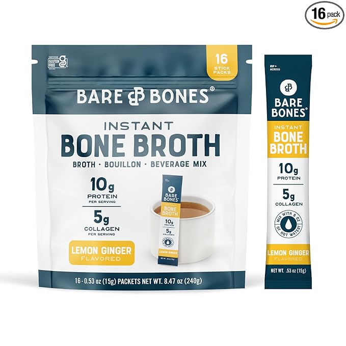 Bare Bones Bone Broth Instant Powdered Mix, Lemon Ginger, Pack of 16, 15g Sticks, 10g Protein, Keto