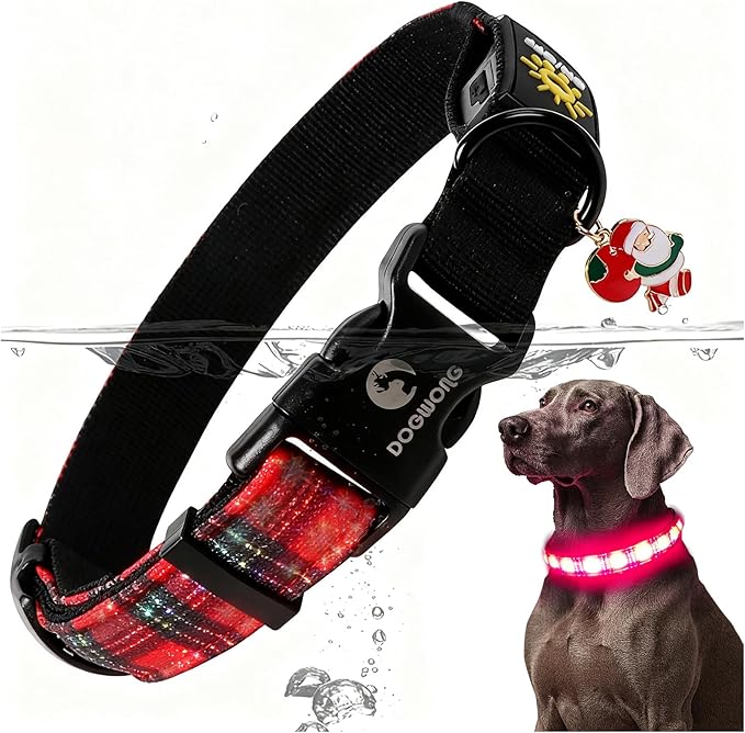 DOGWONG LED Dog Collar - Christmas Red Plaid Heavy Duty Light up Dog Collars - Rechargeable