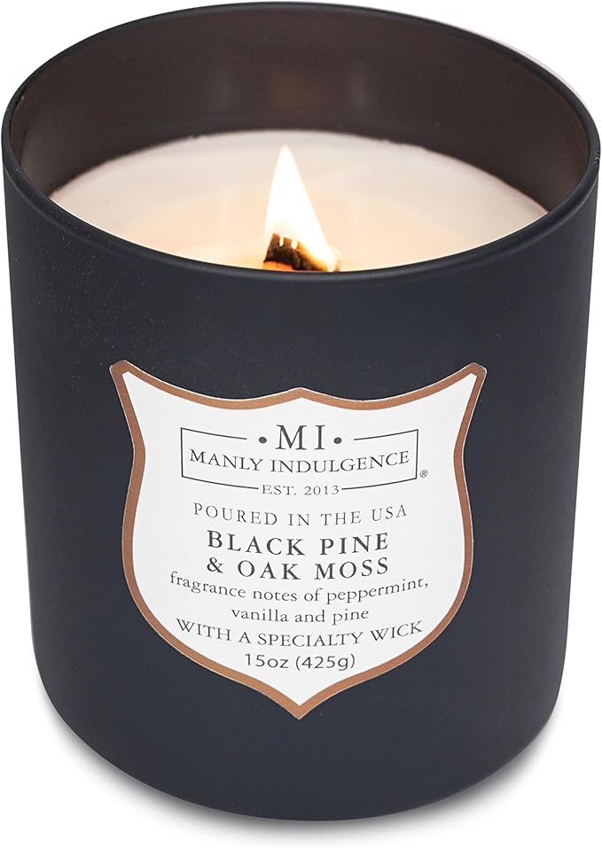 Manly Indulgence Black Pine Oakmoss Scented Candles for Men, 15 oz Wooden Wick, Premium Soy Blend