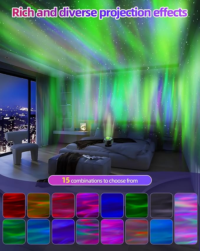 Largest Coverage Area Northern Lights,Galaxy Projector 15 Combinations,60 Light Effects Star