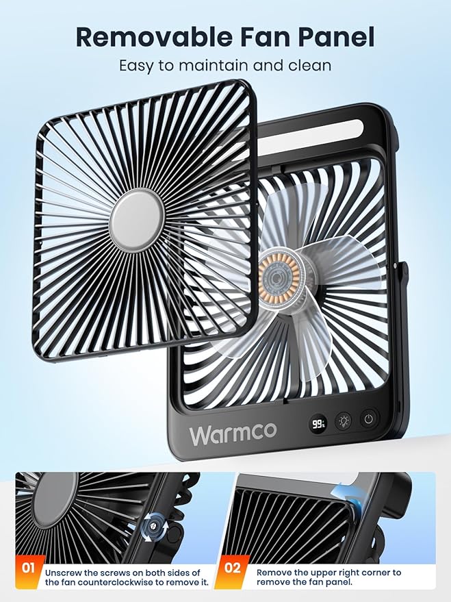Warmco 20000mAh 8-inch Portable Camping Desk Fan, [15-48H Working Hours] Ultra-thin LED Light