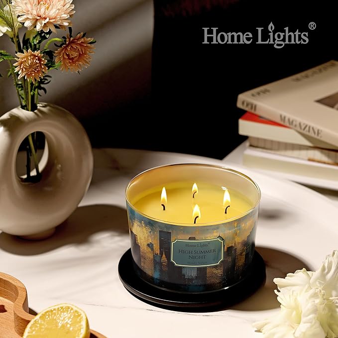 HomeLights High Summer Night Scented Candles | 18oz Soy Candles Industrial Chic 4-Wick Large Candle