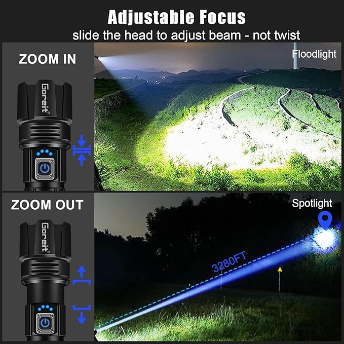 Goreit Flashlight High Lumens Rechargeable, 2000 Lumen Led Flashlights XHP70.2 USB Super Bright