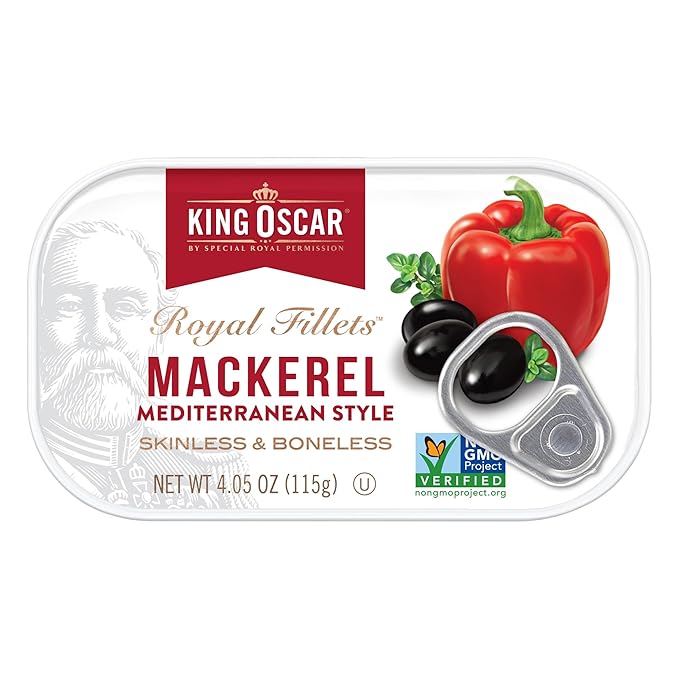King Oscar Mackerel in Olive Oil, Mediterranean Style, 4.05 Ounce Can (Pack of 12, Packaging May