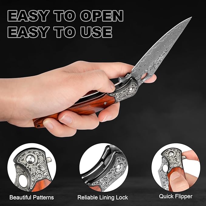 Damascus Pocket Knife, 3.3" Damascus Blade Wooden Handle EDC Pocket Knives & Folding Knives for Men