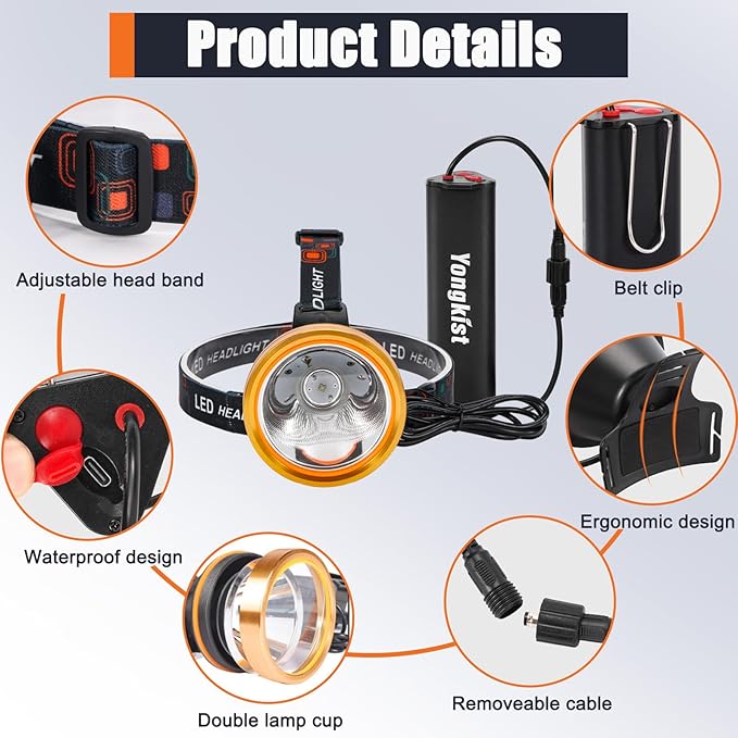 Super Bright Headlamp Rechargeable LED Headlight with Battery, High Power Waterproof Spotlight