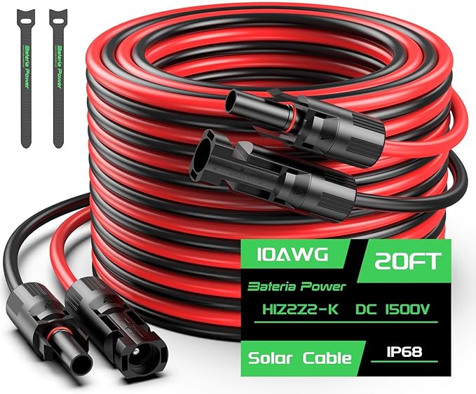 Bateria Power 20FT 10AWG Solar Panel Extension Cable, 6mm² Solar Extension Cable Wire with Female &