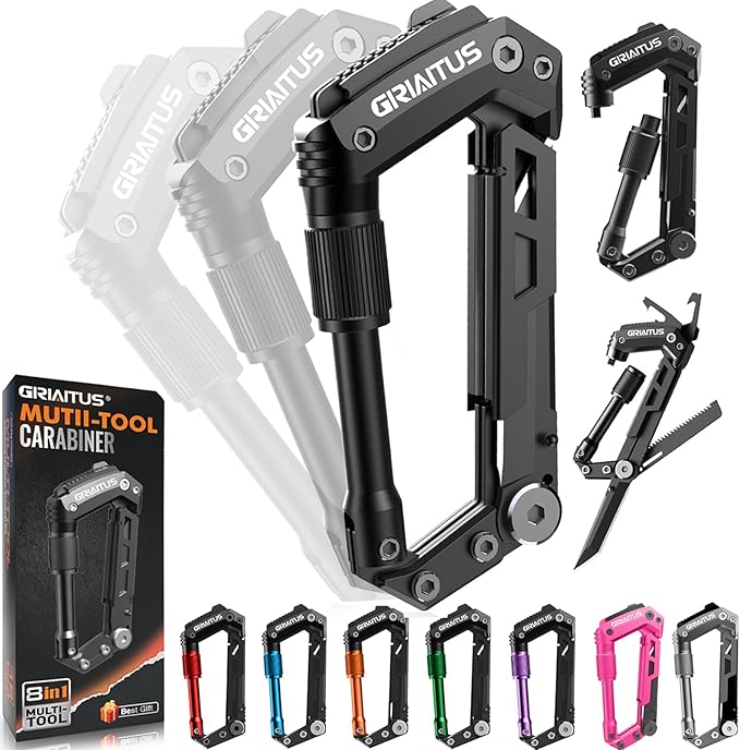 Carabiner Multitool 8-in-1 EDC Carabiners Pocket Knife, Serrated Knife, Rope Cutter, Screwdriver