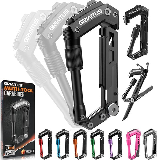 Carabiner Multitool 8-in-1 EDC Carabiners Pocket Knife, Serrated Knife, Rope Cutter, Screwdriver