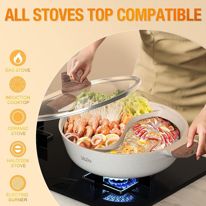 Dezin 5-QT Double-flavor Shabu Shabu Pot with Divider, Dual Sided Nonstick Hot Pot, 12 Inch Divided