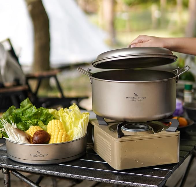 Boundless Voyage Titanium 4.5L Hanging Pot with Steaming Rack Folding Handle Outdoor Camping