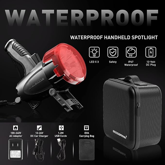 GOODSMANN Rechargeable Spotlight LED Portable Handheld Searchlight up to 6000 Lumen IP67 Waterproof